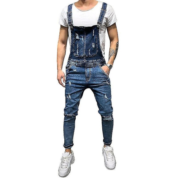 Flossede Ripped Denim Dungarees Overalls XL Mørkeblå