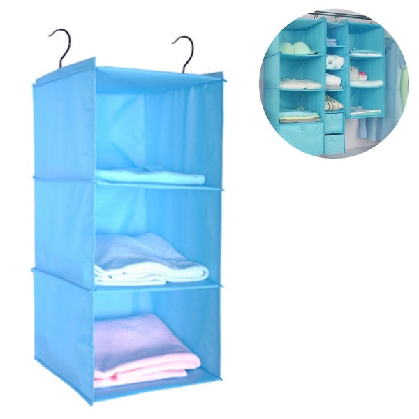 Garderobeskabe med 3 rum, hængende stofskab med jernramme, foldbar hængende hylde, opbevaringssystem til tøj Blue