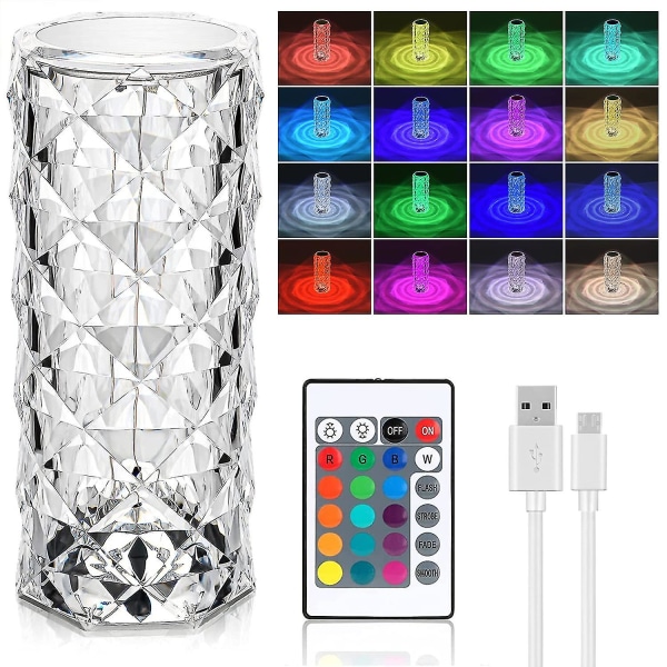 Crystal Diamond bordlampe, 16 farger usb-lading berøringslampe nattlampe ved nattbord med fjernkontroll, akrylrose