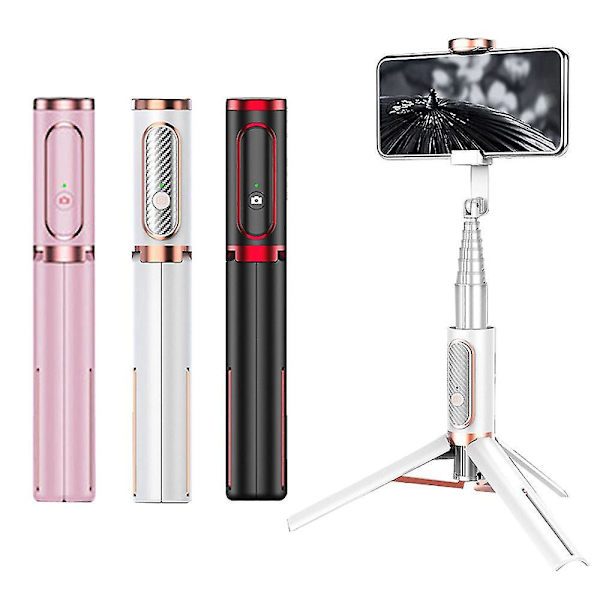 Integrerad teleskopisk Bluetooth Selfie Stick med stativ i aluminiumlegering och telefonhållare i rosa färg