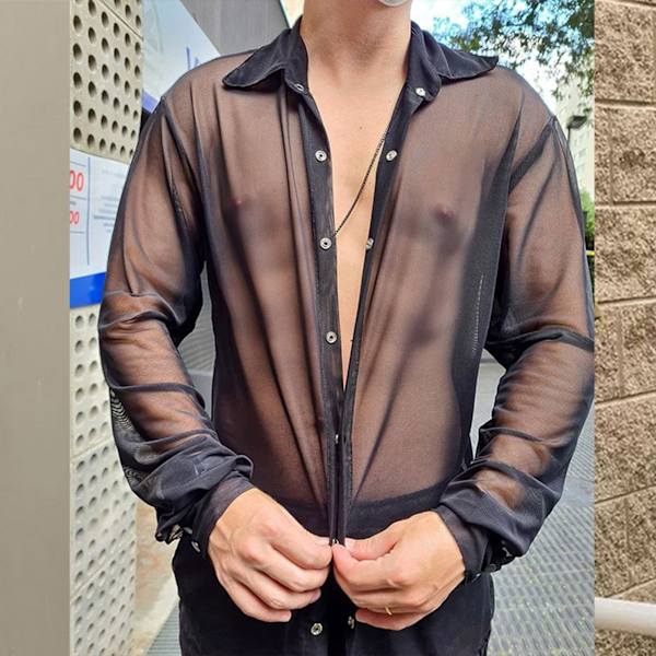 Menn Mesh Skjorte Langærmet Ensfarget Omslagskrage Enkeltknappet Pustende Menn Se Gjennom Topp Svart 3XL