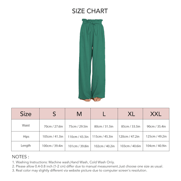 Løse bukser Vilde ben Høj talje elastisk taljebånd Sidelomme Flowy Slacks Bindende bælte Alsidig til kvinder Grøn L
