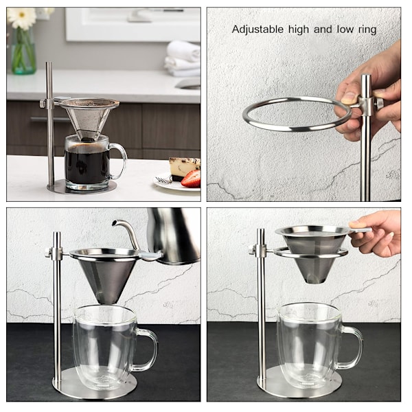 Justerbart kaffeställ i rostfritt stål med dubbelfilter Fristående droppkaffebryggare och stativ
