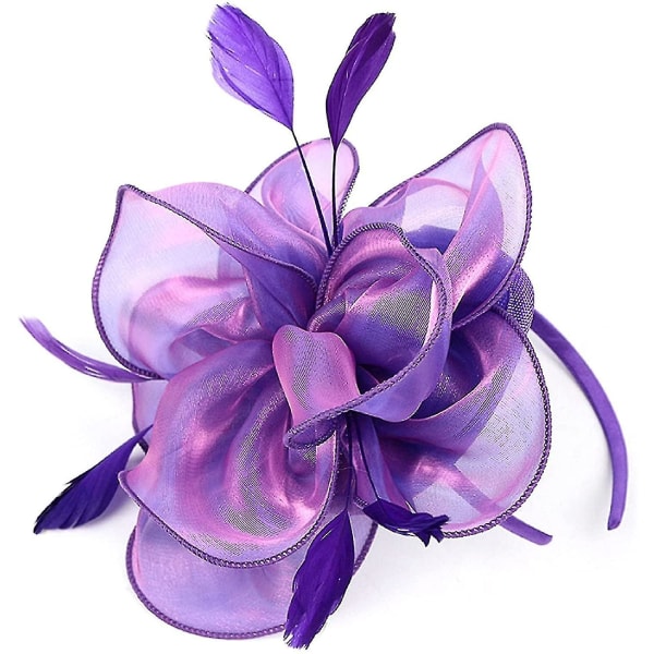 Feather Mesh Party Hat Floral Glitter Tiara Clip og pannebånd for kvinner Purple