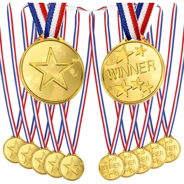 12 guld-plastikvindermedaljer med båndhalskæde til shows, konkurrencer og festgoder, Sports Day-medaljer for børn, voksne, børnemedaljer