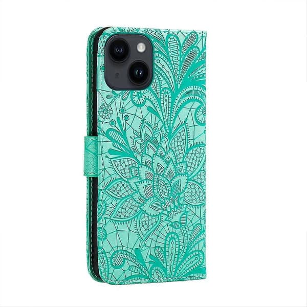 【NX】Spetsblomma läderfodral kompatibelt med iPhone 15 Plus Green