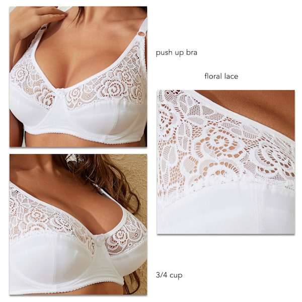 Dam Blommor spets Racerback Bygel Bralette Push Up Cups V-hals Vardagsbh Justerbara axelremmar Bekväma Vit 42/95C