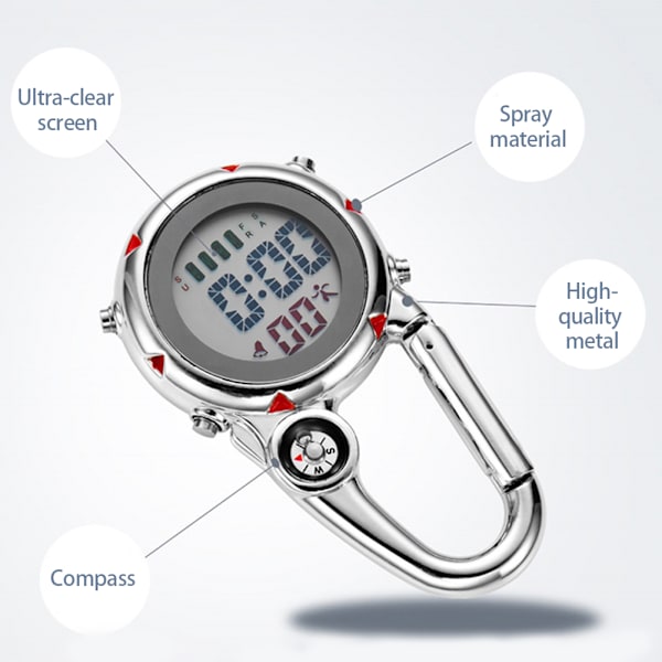 Multifunktionell självlysande Clip On Carabiner Watch Mini Quartz Watch Compass för utomhusklättringsaktiviteter