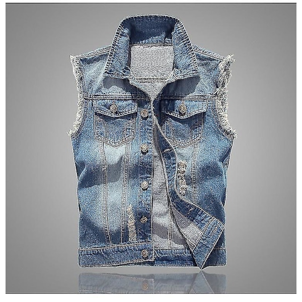 Mænds Slim Fit Ripped Denim Vest - Lyseblå - 5XL