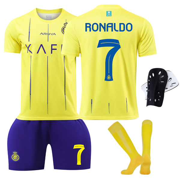 23-24 Riyadh Victory Football Shirt no. 7 Ronaldo skjorte 10 mann Voksen Barneskjorte for menn og kvinner + knebeskyttere 22 NO.7