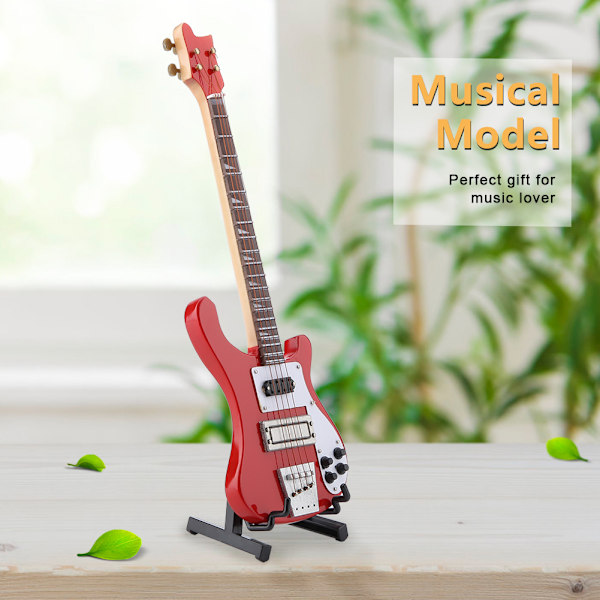 Röd miniatyr basgitarr replika med stativ och fodral Instrument Modell Ornament Julklapp