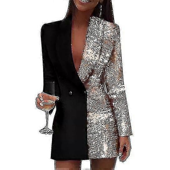 Dammode Farveblok Pailletter Langærmet Dobbeltradet Bodycon Blazer champagne S