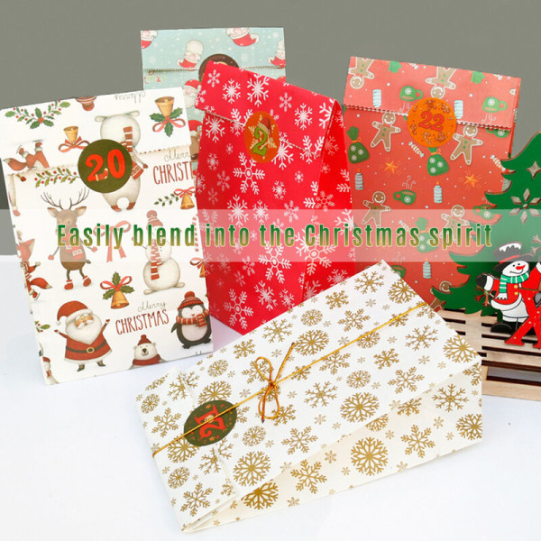 Julepose 24 sett med julegodteri og snacks papirpose emballasjepose 24 papirposer 24 sett med klistremerker