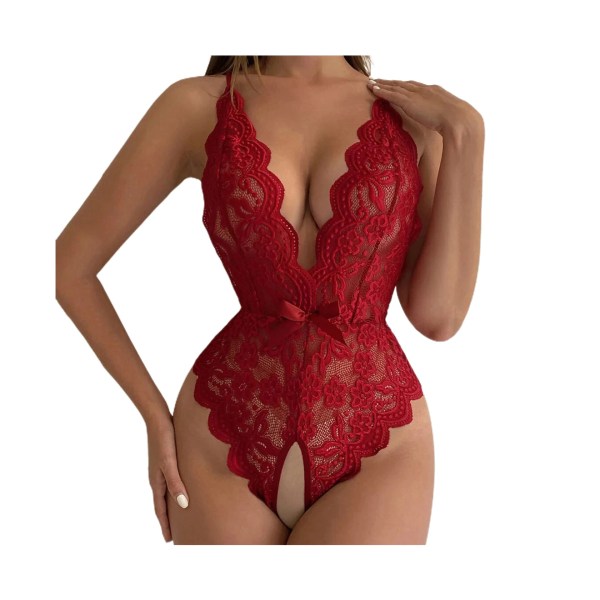 naisten pitsiä seksikäs yksiosainen selkänojaton seksikäs läpinäkyvä pyjama - punainen koko M
