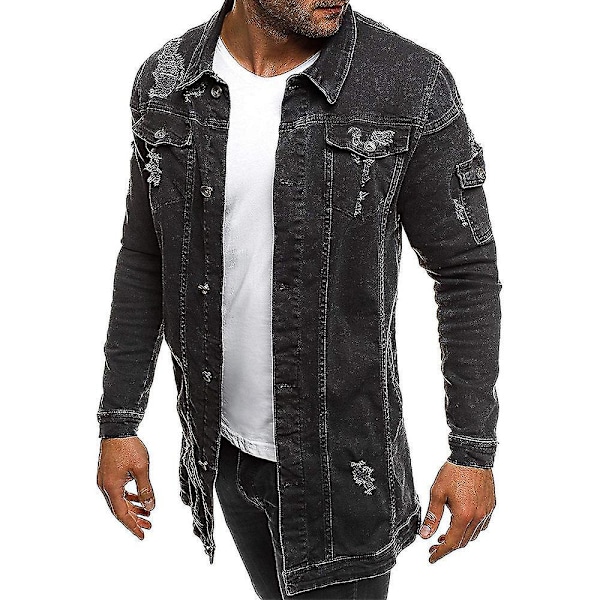 Langærmet Sort Distressed Denimjakke til Mænd med Lommer
