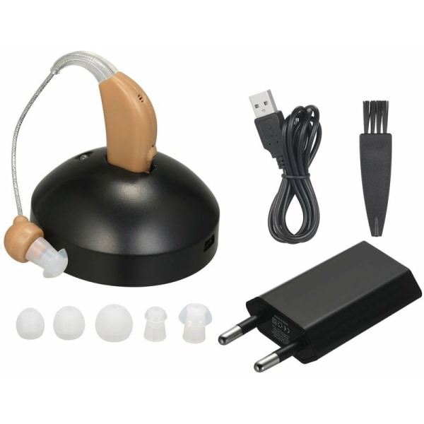 Høreapparat med rensebørste Silikon øreplugger Ladestativ USB-ladekabel EU-plugg JZ-1088F Høreapparat med knappbatteri