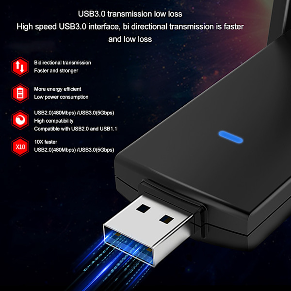 USB 3.0 WiFi-sovitin 2 5dBi antennilla 2,4 GHz 5 GHz kaksoiskaistainen 1300M langaton verkkosovitin Windows 11 10 8 8.1 7 Vista XP:lle