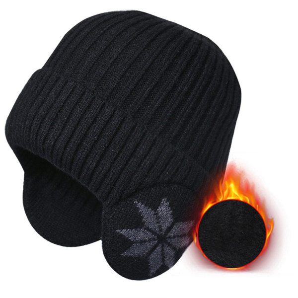 Vinter varm stickad ullmössa plysch tykt hatt for män for kvinder udendørscykling hörselskydd Huvudmössa Black