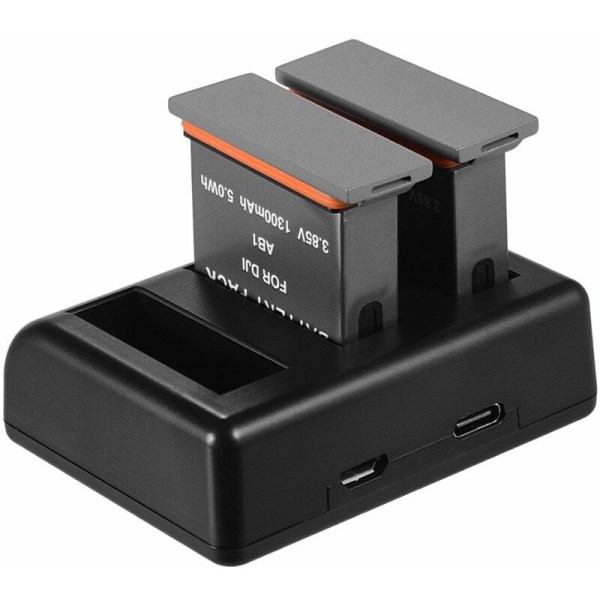Ladesett Trippel-kanals lader med 2 oppladbare Li-ion-batterier 1300mAh USB-ladekabel for DJI OSMO actionkamera, modell: Svart