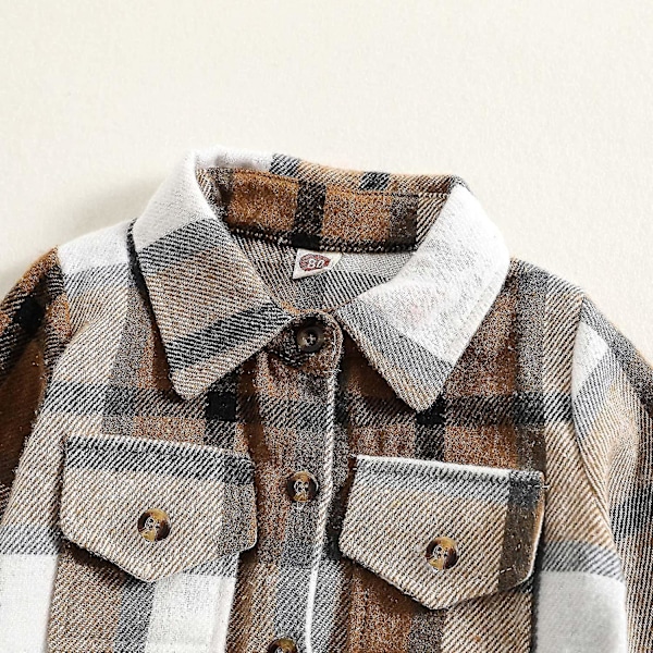 Flanellrutig skjorta jacka för babypojkar och flickor, långärmad kavajslagsknapp kappa, höst vinter ytterkläder (7-8 år, Khaki)