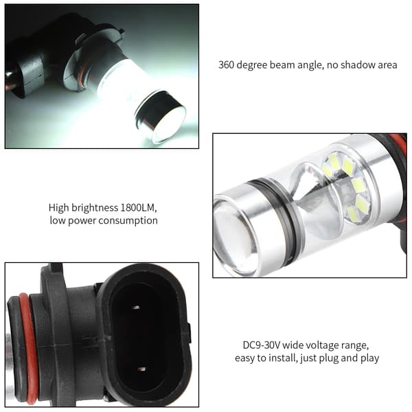 2PC 9005/H10 100W 6000K hvit LED-frontlyspærer Kit Tåkelys Bilkjørelys