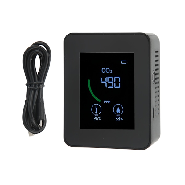 Kulldioksiddetektor USB-lading TVOC-sensor Halvleder Luftkvalitetsmonitor med temperatur- og fuktighetsmåling Svart