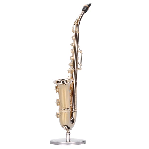 Miniatyr kobber saksofonmodell med stativ Mini musikkinstrument ornament gaver