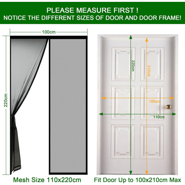 Musta hyttysverkkoovi 110*220cm erittäin tiheä mesh , perho- ja hyönteiskarkoverho teipillä, magneettitikkuja, automaattinen sulkeutuminen