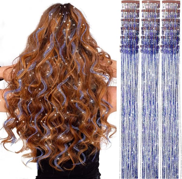 Hårglitter, kongeblå, glitter-extensions, varmebestandig, sett med 18