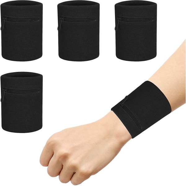 4 stk glidelås sportsarmbånd, svart håndleddsbinding lommebok Absorberende svettebånd veske