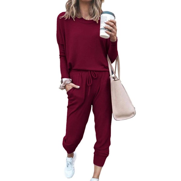 Dam 2-delad outfit Lös Stretchig Snygg långärmad tröja Byxa Höst Loungewear Pyjamasset Vinröd XL