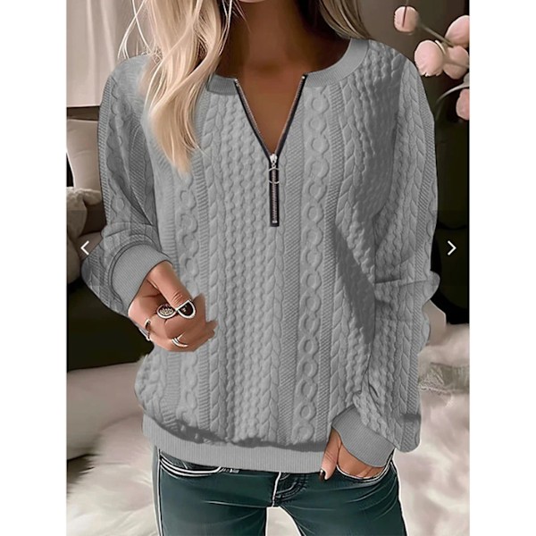 Kvinnor Halv Zip Kabel Stickad Tjock Blus Långärmad Halv Dragkedja Andas Moderiktig Pullover Tjock Blus Grå XXL