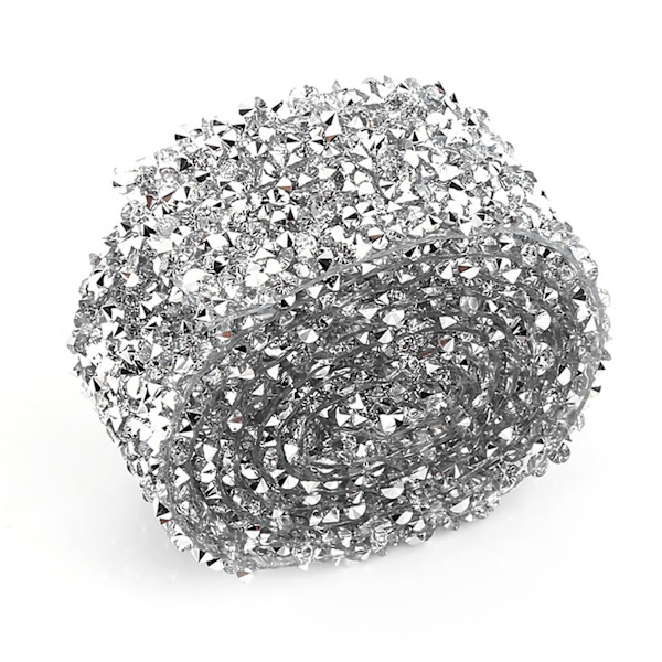 1 Yard 3 cm Bred Glitrende Ryglim Krystal Rhinestone Dekorativt Bånd Bælte Sølv