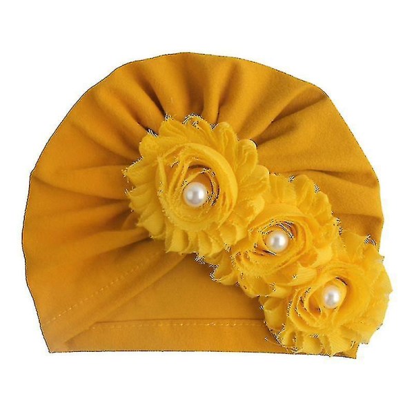 Toddler Newborn Baby Turban Cap Blomster Beaded Headwrap Beanie Hat, gul