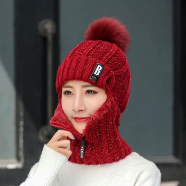 Kvinder strikket beanie hat lynlås hals Fluffy varm kasket hoved ørebetræk med pom poms til udendørs sne ski Wine Red