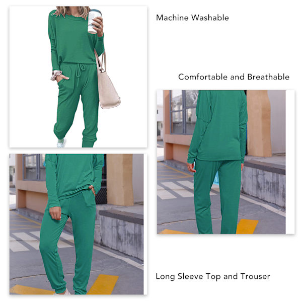 Naisten 2-osainen asu Löysä Stretchinen Tyylikäs pitkähihainen paita Housut Syksy Loungewear Pyjamasetti Vihreä L