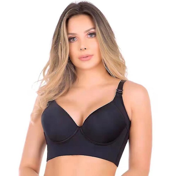 Back Fat Coverage Push Up Sports Bra for Women - Full-back Support and Deep Cup, Black, Size 34C