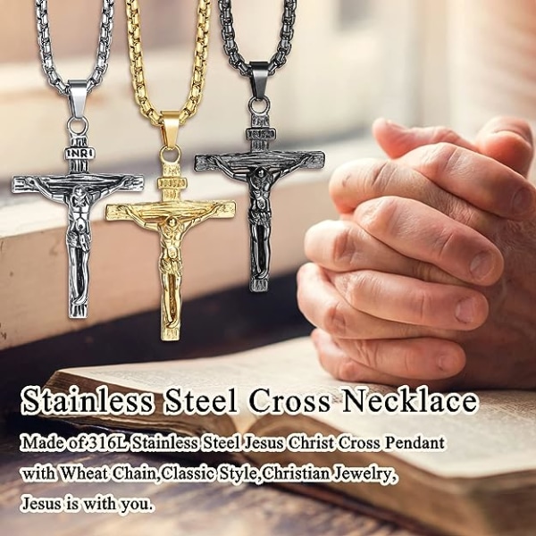 Cross Halskjede Anheng Herre Dame Rustfritt stål Crucifix Jesus Halskjede med venetiansk kjede 55cm
