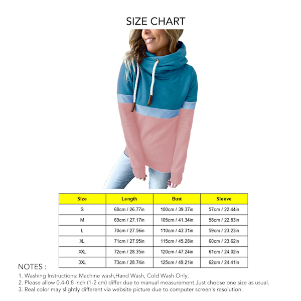 Dame Hættetrøje Pure Color Block Hættetrøje med Høj Hals Dame Casual Hættetrøje til Efterår Vinter Lake Blue and Pink XL