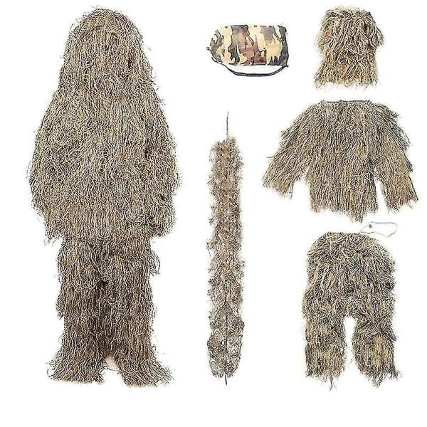 Børnestørrelse Ghillie Suit Camo Woodland Camouflage Skovjagtspil 5-delt taske Sand color 130