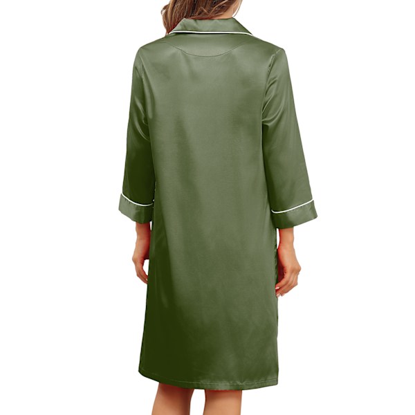 Naisten V-kaula-aukkoinen yöpaita, yksivärinen tyylikäs ja elegantti napitettava yömekko, taskullinen, OD vihreä, XL