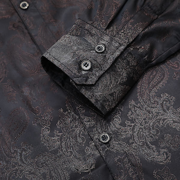 Skjorte med Cashewnøddeblomstbroderi - Mænds Langærmet (Sort, 3XL)