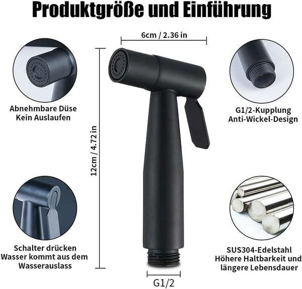 Sort brusehoved i rustfrit stål til toilet, bidet, badeværelse, bruser, hygiejne, bleskylning, standard G1/2-interface