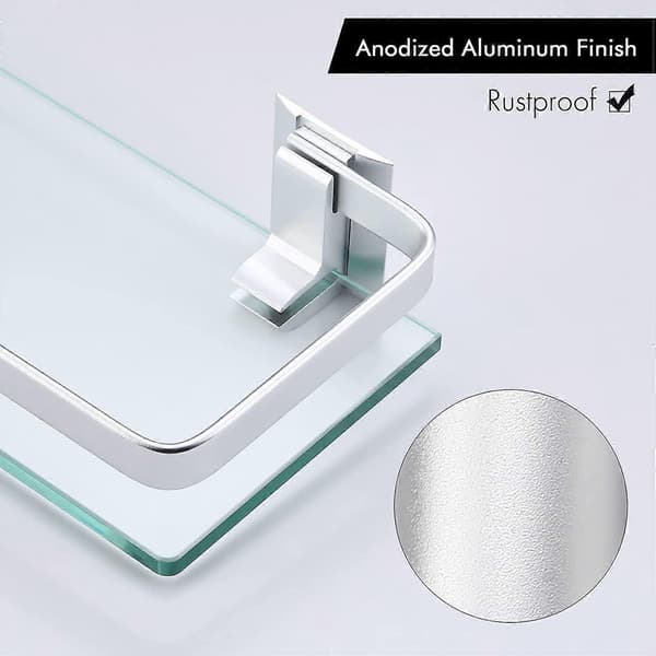 Badeværelseshylde i aluminium, hærdet glas, rektangulær, 1 lag, ekstra tyk, sølv sandblæst, vægmonteret