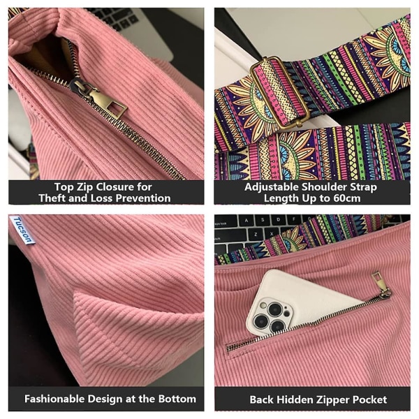 Corduroy Crossbody Tote Bag for kvinner, Casual skulder Tote Bag Stor kapasitet Shopping Crossbody Bag Pink