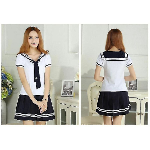 Japansk skoluniform set för flickor - Lolita T-shirt och kjol (XL, vit)