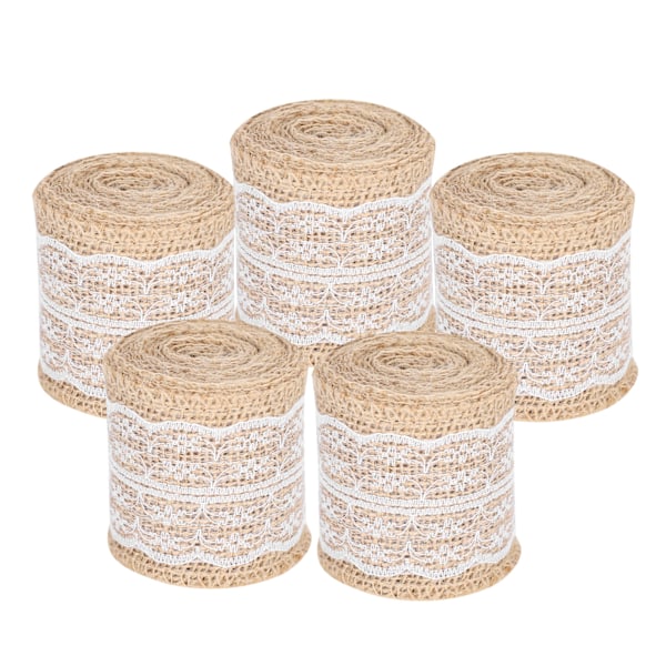5 stk Burlap Bånd Spids Linned Rulle Jute Bælte DIY Håndlavet Hessian Rem Håndværk Dekorationer (Hvid)