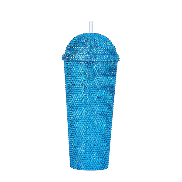 Handgjorda Rhinestones Tumbler Glitter Vattenflaska Sparkly Bottle Cup Dubbelvägg Bling Plast Tumbler Diamond Thermed Cup Blue