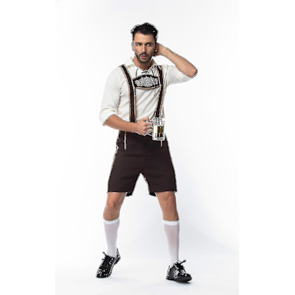 Oktoberfest Bayerska Öl Festival Lederhosen Kostym Set - Vuxen Herr Halloween Festkläder (Storlek L, M, Auburn)