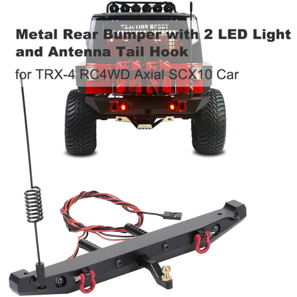 RC bil metall bakre stötfångare med 2 LED-antenner bakkrok för TRX-4 RC4WD Axial SCX10 bil, modell: svart